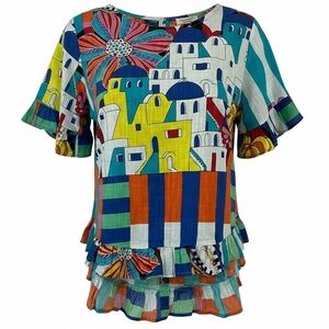 Orientique Santorini Greece Print Organic Cotton Boho Peplum Blouse Size Small